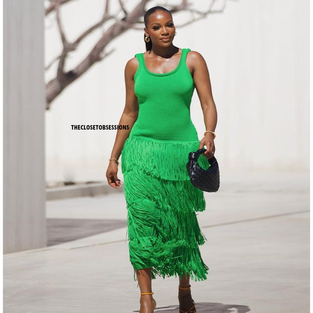 Mango Bright Green Tiered Fringe Maxi Dress - Picture 12 of 16